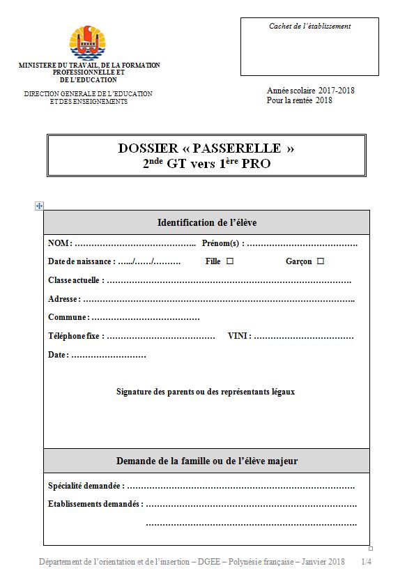 Dossier passerelle 2Gt vers 1ère pro