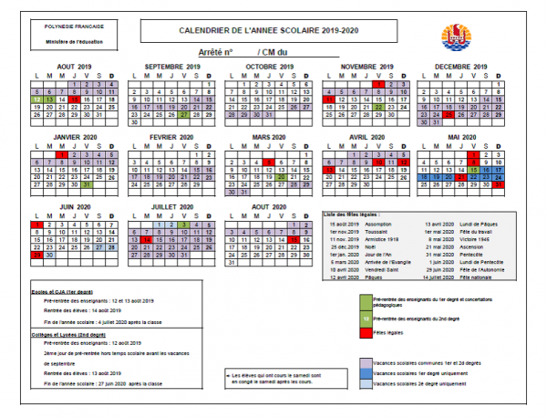 Calendrier scolaire 20192020 Direction de l'éducation et des