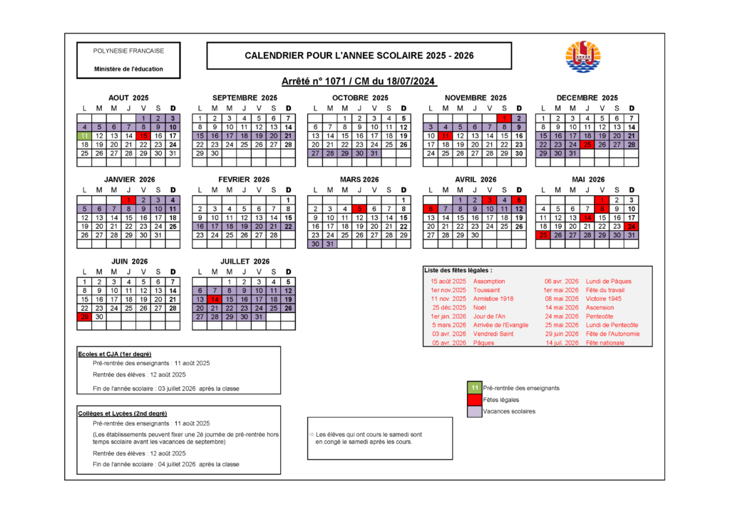 Calendrier scolaire 20252026 Direction de l'éducation et des